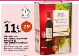 E.Leclerc IGP Pays d'Oc Vin Cabernet Sauvignon Rouge BIB 5L 'Les Ormes de Cambras' offre
