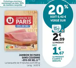 Super U U jambon de paris sans couenne -25% de sel offre