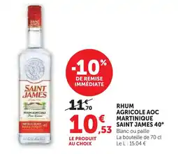 Super U Saint james 40° rhum agricole aoc martinique 40° offre