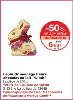 Monoprix LINDT Lapin Or moulage fleurs chocolat au lait offre