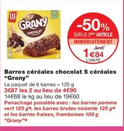 Monoprix GRANY Barres céréales chocolat 5 céréales offre