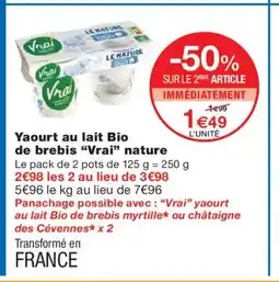 Monoprix VRAI Yaourt au lait Bio de brebis nature offre