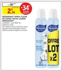 Intermarché Déodorant Spray Fleur de Coton Toute Légère Monsavon offre
