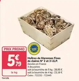 Promocash Promo - huîtres de marennes fines de claires n° 2 et 3 i.g.p offre