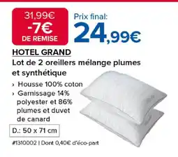 Costco HOTEL GRAND Lot de 2 oreillers mélange plumes et synthétique offre