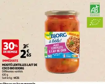 Auchan Mijoté Lentilles Lait de Coco Bio Bjorg offre