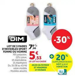 Hyper U Dim lot de 3 paires d'invisibles sport femme ou homme offre