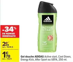 Carrefour Adidas - gel douche active start, cool down, energy kick, after sport ou uefa offre