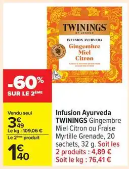 Carrefour Infusion Ayurveda TWININGS Gingembre Miel Citron offre