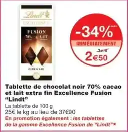 Monop' LINDT Tablette de chocolat noir 70% cacao et lait extra fin Excellence Fusion offre
