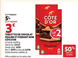 Auchan CÔTE D'OR Tablettes de chocolat praline et fondant noir offre