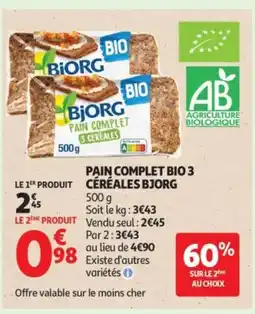 Auchan BJORG Pain complet bio 3 céréales offre