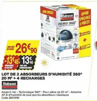Bricomarché Lot De 2 Absorbeurs D'humidité 360° 20 M² + 4 Recharges Rubson offre