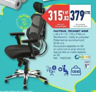 Bureau Vallée Fauteuil Tecknet Noir offre