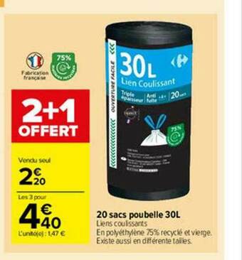 Carrefour Market 20 Sacs Poubelle 30l offre