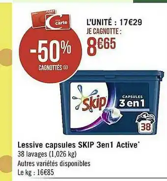 Casino Supermarchés Lessive Capsules Skip 3 En 1 Active offre