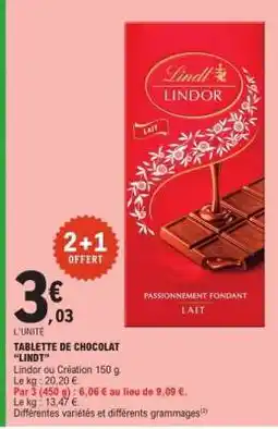 E.Leclerc TABLETTE DE CHOCOLAT LINDT offre