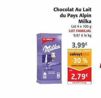Colruyt Chocolat Au Lait Du Pays Alpin Milka offre