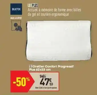 Oreiller Confort Progressif Plus 62 X 33 Cm Bultex