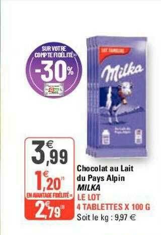 G20 Chocolat Au Lait Du Pays Alpin Milka offre