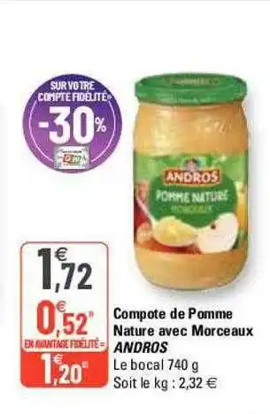G20 Compote De Pomme Nature Avec Morceaux Andros offre