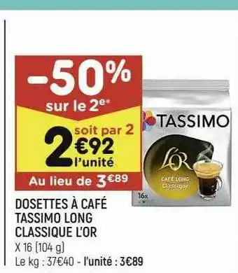 Leader Price Dosettes à Café Tassimo Long Classique L'or offre