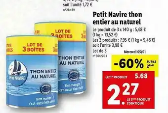 Lidl Petit Navire Thon Entier Au Naturel offre
