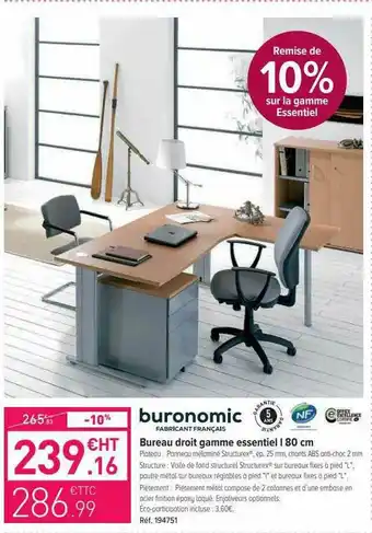 Top Office Bureau Droit Gamme Essentiel L 80 Cm Buronomic offre