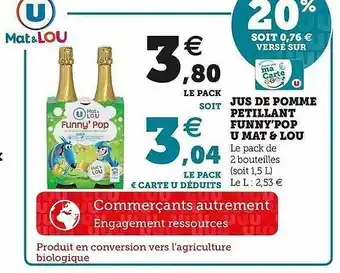 U Express Jus De Pomme Pétillant Funny'pop U Mat & Lou offre