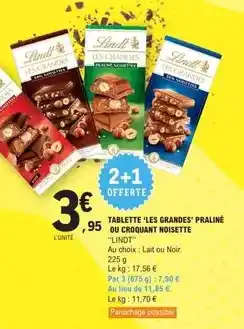 E.Leclerc Lindt - tablette les grandes praliné ou croquant noisette offre