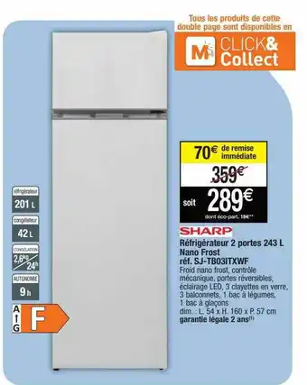 Migros Réfrigérateur 2 Portes 242 L Nano Frost Sharp offre