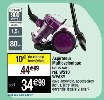 Migros Aspirateur Multicyclonique Sans Sac Ws10 Weasy offre
