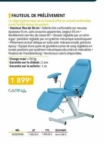 Distri Club Médical Fauteuil De Prélèvement Carina offre