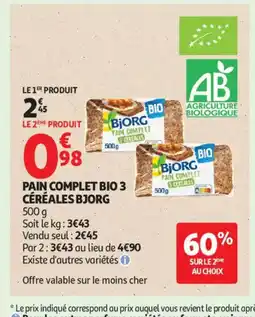 Auchan Supermarché BJORG Pain complet bio 3 céréales offre