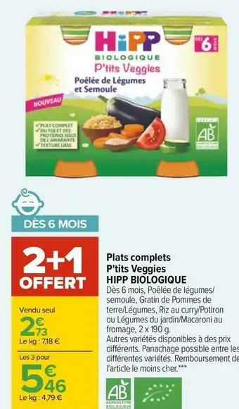 Carrefour Hipp biologique plats complets p'tits veggies offre