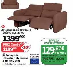 Conforama Canapé de relaxation électrique 3 places Victor offre
