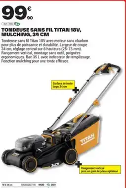 Brico Dépôt Tondeuse sans fil titan 18v, mulching offre