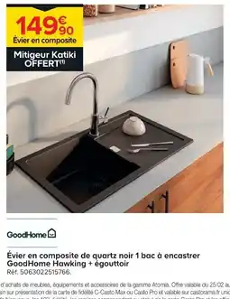 Castorama GOODHOME Évier en composite de quartz noir 1 bac à encastrer Good Home Hawking + égouttoir offre