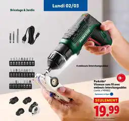Lidl PARKSIDE Visseuse sans fil avec embouts interchangeables offre