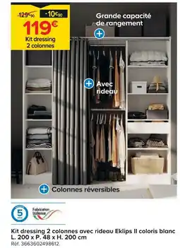 Castorama Kit dressing 2 colonnes avec rideau eklips ii coloris blanc l. 200 x p. 48 x h. 200 cm offre