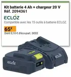 Gamm vert Ecloz - kit batterie 4 ah + chargeur 20 v réf. 2094361 offre
