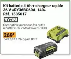 Gamm vert Ryobi - kit batterie 4 ah + chargeur rapide 36 v ry36bc60a-140 ry6bi offre