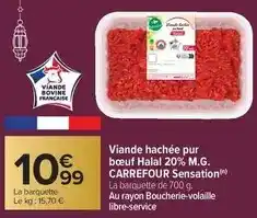 Carrefour Carrefour - viande hachée pur bœuf halal 20% m.g. sensation offre