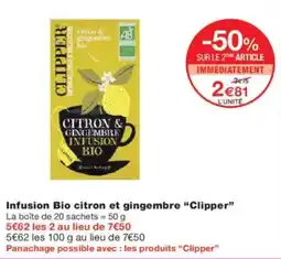 Monoprix Infusion bio citron et gingembre clipper offre