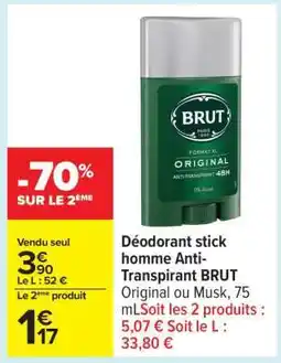 Carrefour Déodorant stick homme Anti-Transpirant BRUT offre