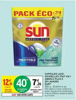 Intermarché Sun capsules lave-vaisselle tout en 1 absolu plus x 39 lavages offre