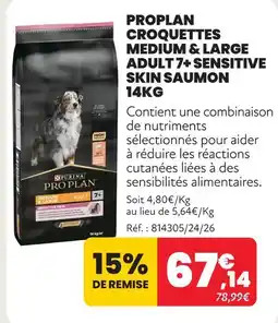 Animalis Proplan croquettes medium & large adult 7+ sensitive skin saumon 14 kg offre