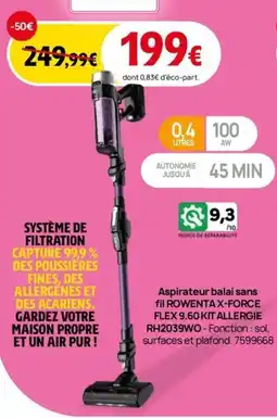 Darty Aspirateur balai sans fil ROWENTAX-FORCE FLEX 9.60 KIT ALLERGIE RH2039WO offre