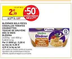 Intermarché Hyper BLÉDINA Blédîner bols pâtes coquilles tomates courgettes touche de gruyère dès 12 mois offre