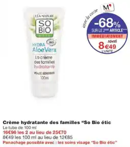 Monoprix Crème hydratante des familles so bio étic offre